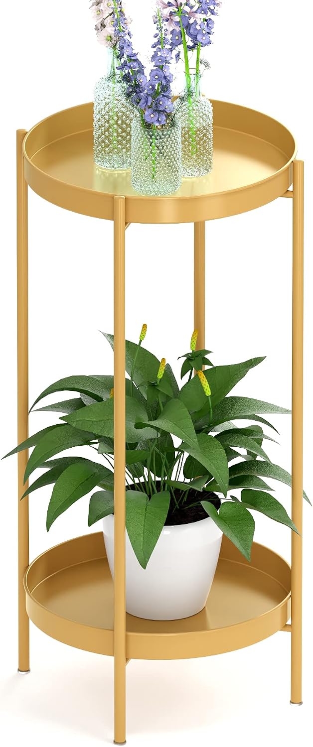 2 Tier Plant Stand Indoor Outdoor - 10.5In Width 24In Tall Flower Pot Rack | Heavy Duty Metal Plant Table Planter Display Shelf for Home Garden Patio Bathroom Office Living Room Balcony Corner Gold