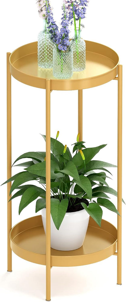 2 Tier Plant Stand Indoor Outdoor - 10.5In Width 24In Tall Flower Pot Rack | Heavy Duty Metal Plant Table Planter Display Shelf for Home Garden Patio Bathroom Office Living Room Balcony Corner Gold