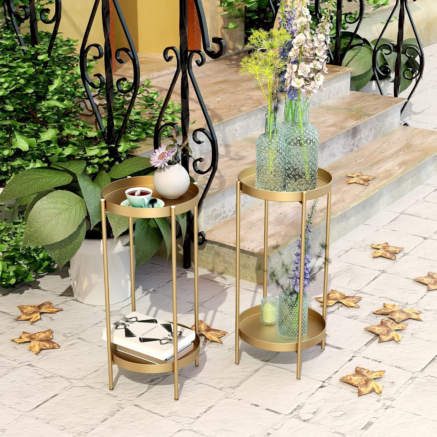 2 Tier Plant Stand Indoor Outdoor - 10.5In Width 24In Tall Flower Pot Rack | Heavy Duty Metal Plant Table Planter Display Shelf for Home Garden Patio Bathroom Office Living Room Balcony Corner Gold